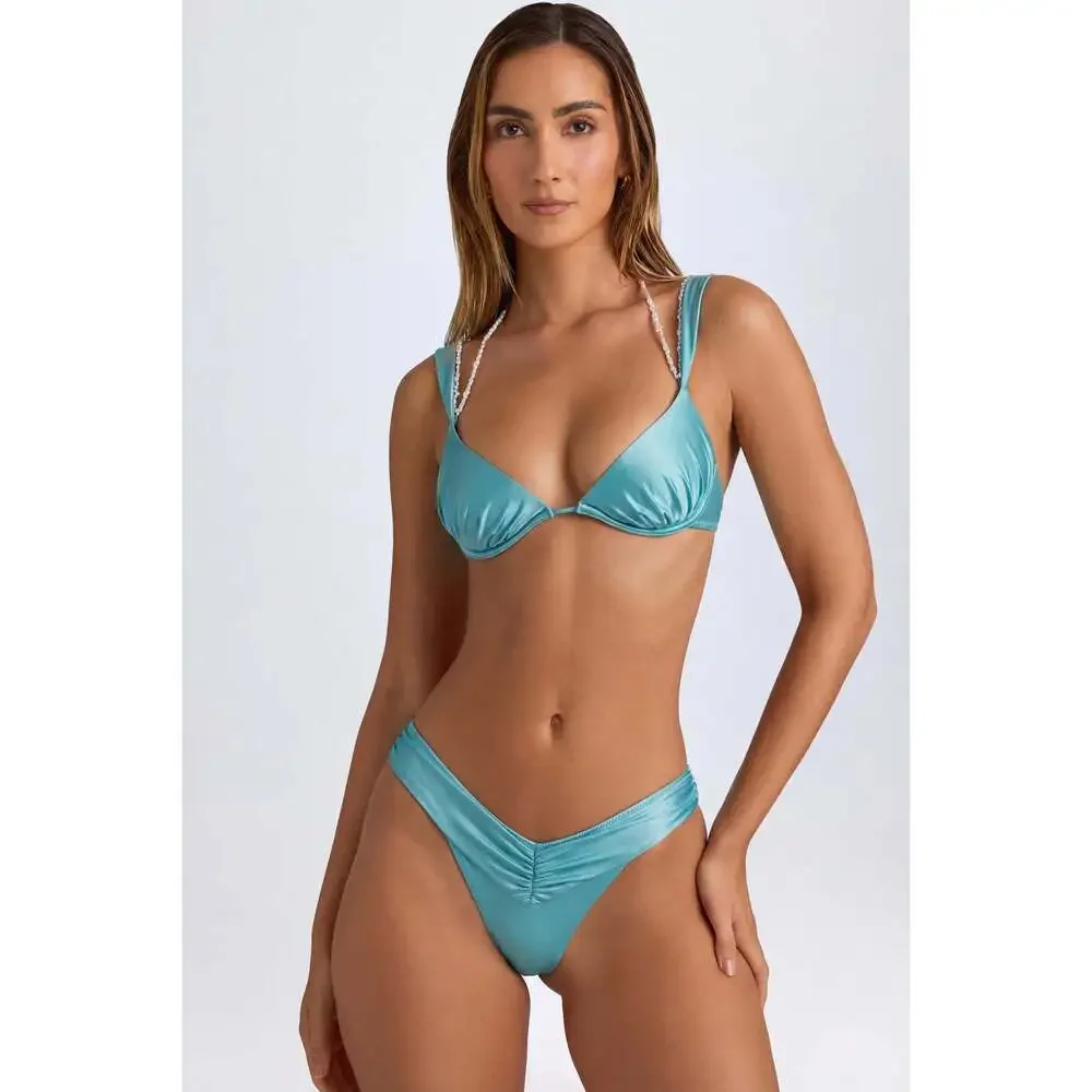 Oh Polly Pearl-Detail Ruched Bikini Top in Turquoise Size XSXS